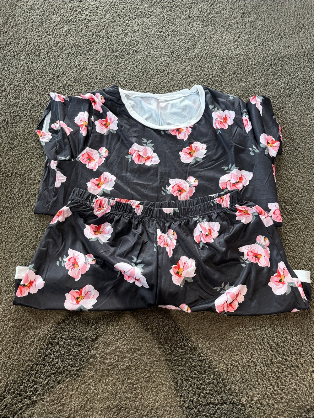 Doublju Black Sleep Top & Shorts Set with Pink Floral Print Sz xl